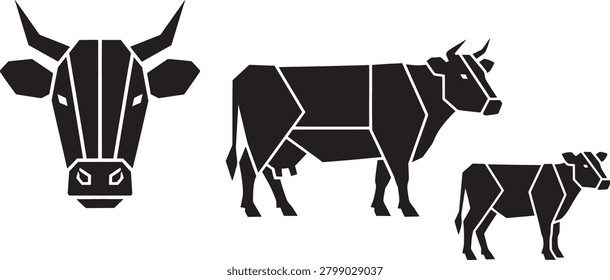 Geometric stylized cow and calf set featuring minimalist black animal silhouette icons presented on transparent background for agriculture branding