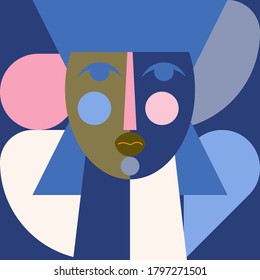 Geometrisches stilisiertes weibliches Gesichtsbild. Abstrakte Vektorgrafiken. Modernes menschliches Kopfkonzept in einfachen Formen. Grafisches Poster, Logo oder Symbol im flachen Design.