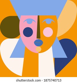 Geometric stylized female face illustration. Vector abstract artwork. Human modern head concept in simple shapes. Graphic poster, logo or symbol in flat style design.