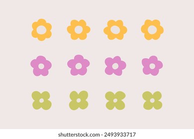 Geometric stylized flowers. Modern linear design sign. 60s and 70s Retro style.