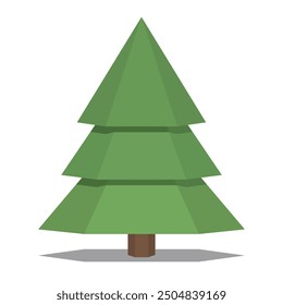 Una ilustración geométrica y estilizada de un pino verde con Formas triangulares en capas, ideal para diseños con temas de naturaleza y gráficos navideños.