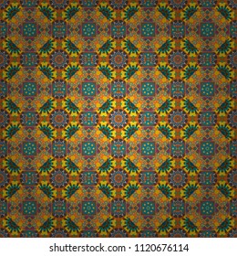Geometric stylized multicolored seamless pattern. Modern geometrical abstract background in orange, blue and brown colors. Texture, new background.