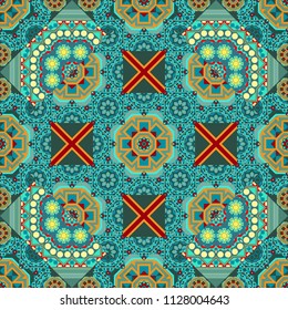 Geometric stylized multicolored seamless pattern. Vector modern geometrical abstract background in red, blue and green colors. Texture, new background.
