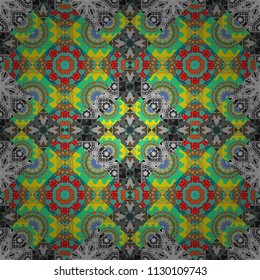 Geometric stylized multicolored seamless pattern. Vector modern geometrical abstract background in gray, green and yellow colors. Texture, new background.