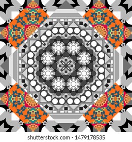 Geometric stylized multicolored seamless pattern. Texture, new background. Vector modern geometrical abstract background in blue, orange and gray colors.