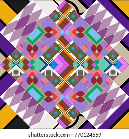 Geometric stylized multicolored seamless pattern. Vector modern geometrical abstract background in gray, violet and green colors. Texture, new background.