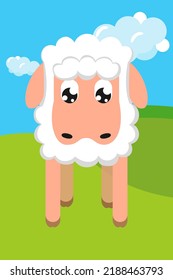 Geometric stylized sheep in cartoon colorful valley. Domestic animal. Farm themed vector illustration for icon, stamp, label, badge, sticker or gift card