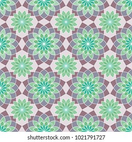 Geometric stylized succulent flower pattern in purple and green colors. Graphic floral background. Vector seamless repeat. 