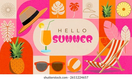 geometric Summer background, tropical, holiday, sunshine, colorful illustration, deck chair, hat, cocktail, pineapple, playful pattern, retro style perfect for summer-themed promotions or event flyers