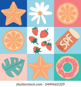 Geometric summer backgrounds with simple shapes and figures forming sunglasses,drink,orange,watermelon,pineapple,ice cream and other summer symbols.Posters,flyers,banners for covers,web,print