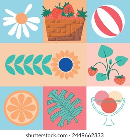 Geometric summer backgrounds with simple shapes and figures forming sunglasses,drink,orange,watermelon,pineapple,ice cream and other summer symbols.Posters,flyers,banners for covers,web,print.Vector.