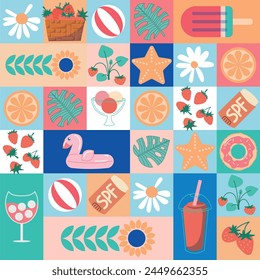 Fondos geométricos de verano con Formas simples y figuras que forman gafas de sol, bebida, naranja, sandía, piña, helado y otros símbolos de verano. Pósters, volantes, Anuncios para cubiertas, Web, impresión.