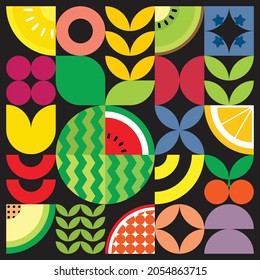 Geometric summer fresh fruit artwork poster with colorful simple shapes. Flat abstract vector pattern design in Scandinavian style. Minimalist illustration of red watermelon, melon, kiwi, and orange.