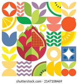 Geometric summer fresh fruit artwork poster with colorful simple shapes. Scandinavian style flat abstract vector pattern design. Minimalist illustration of a red dragon fruit on a white background.