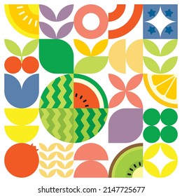 Geometric summer fresh fruit artwork poster with colorful simple shapes. Flat abstract vector pattern design in Scandinavian style. Minimalist illustration of a red watermelon on a white background.