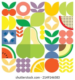 Geometric Summer Fresh Fruit Artwork Poster With Colorful Simple Shapes. Scandinavian Style Flat Abstract Vector Pattern Design. Minimalist Illustration Of A Green Water Apple On A White Background.