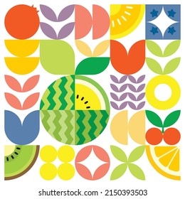 Afiche de arte de fruta fresca de verano geométrico con formas simples y coloridas. Diseño de patrones vectoriales abstractos planos de estilo escandinavo. Ilustración minimalista de una sandía amarilla sobre un fondo blanco.