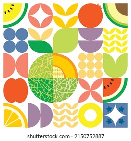 Geometric summer fresh fruit artwork poster with colorful simple shapes. Scandinavian style flat abstract vector pattern design. Minimalist illustration of a cantaloupe melon on a white background.