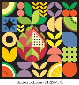 Geometric summer fresh fruit artwork poster with colorful simple shapes. Scandinavian style flat abstract vector pattern design. Minimalist illustration of a white dragon fruit on a black background.