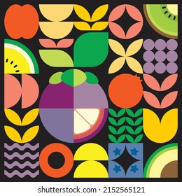 Geometric summer fresh fruit artwork poster with colorful simple shapes. Scandinavian style flat abstract vector pattern design. Minimalist illustration of a purple mangosteen on a black background.