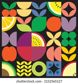 Geometric summer fresh fruit artwork poster with colorful simple shapes. Scandinavian style flat abstract vector pattern design. Minimalist illustration of a purple passion fruit on black background.