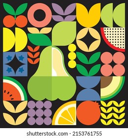 Geometric summer fresh fruit artwork poster with colorful simple shapes. Scandinavian style flat abstract vector pattern design. Minimalist illustration of a green water apple on a black background.