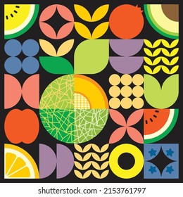 Geometric summer fresh fruit artwork poster with colorful simple shapes. Scandinavian style flat abstract vector pattern design. Minimalist illustration of a cantaloupe melon on a black background.