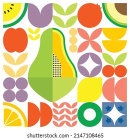 Afiche de arte de corte de fruta fresca de verano geométrico con formas simples y coloridas. Diseño de patrones vectoriales abstractos planos de estilo escandinavo. Ilustración minimalista de un papaya verde sobre un fondo blanco.