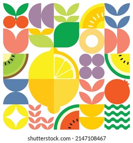 Geometric summer fresh fruit cut artwork poster with colorful simple shapes. Scandinavian style flat abstract vector pattern design. Minimalist illustration of a yellow lemon on a white background.