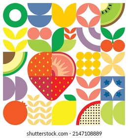 Afiche de arte de corte de fruta fresca de verano geométrico con formas simples y coloridas. Diseño de patrones vectoriales abstractos planos de estilo escandinavo. Ilustración minimalista de una fresa roja sobre un fondo blanco.