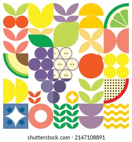 Geometric summer fresh fruit cut artwork poster with colorful simple shapes. Scandinavian style flat abstract vector pattern design. Minimalist illustration of a purple grapes on a white background.