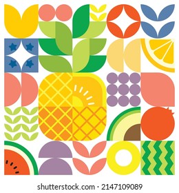 Geometric summer fresh fruit cut artwork poster with colorful simple shapes. Scandinavian style flat abstract vector pattern design. Minimalist illustration of a ripe pineapple on a white background.