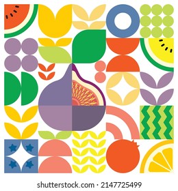 Geometric summer fresh fruit cut artwork poster with colorful simple shapes. Scandinavian style flat abstract vector pattern design. Minimalist illustration of a purple figs on a white background.