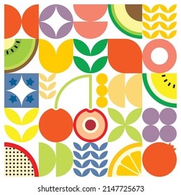 Geometric summer fresh fruit cut artwork poster with colorful simple shapes. Scandinavian style flat abstract vector pattern design. Minimalist illustration of a red cherry on a white background.