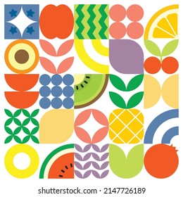 Geometric summer fresh fruit cut artwork poster with colorful simple shapes. Scandinavian styled flat abstract vector pattern design. Minimalist illustration of fruits and leaves on white background.