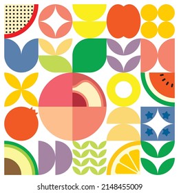 Geometric summer fresh fruit cut artwork poster with colorful simple shapes. Scandinavian style flat abstract vector pattern design. Minimalist illustration of a pink peach on a white background.