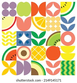 Geometric summer fresh fruit cut artwork poster with colorful simple shapes. Scandinavian styled flat abstract vector pattern design. Minimalist illustration of fruits and leaves on white background.