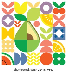 Geometric summer fresh fruit cut artwork poster with colorful simple shapes. Scandinavian style flat abstract vector pattern design. Minimalist illustration of a avocado on a white background.