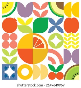 Geometric summer fresh fruit cut artwork poster with colorful simple shapes. Scandinavian style flat abstract vector pattern design. Minimalist illustration of a grapefruit ruby on a white background.