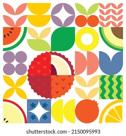 Geometric summer fresh fruit cut artwork poster with colorful simple shapes. Scandinavian style flat abstract vector pattern design. Minimalist illustration of a lychee on a white background.