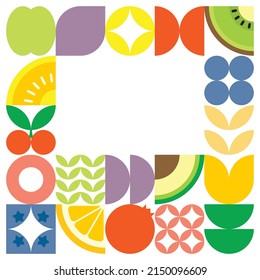 Geometric summer fresh fruit cut artwork poster with colorful simple shapes. Scandinavian styled flat abstract vector pattern design. Minimalist illustration of fruits and leaves on white background.