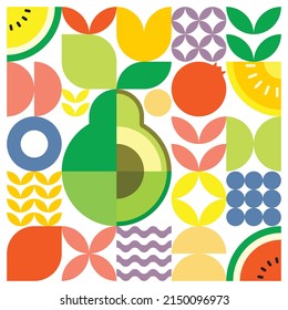 Geometric summer fresh fruit cut artwork poster with colorful simple shapes. Scandinavian style flat abstract vector pattern design. Minimalist illustration of a green avocado on a white background.