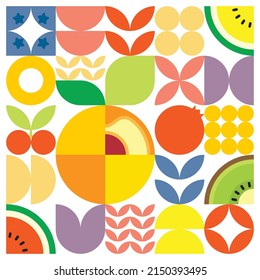 Geometric summer fresh fruit cut artwork poster with colorful simple shapes. Scandinavian style flat abstract vector pattern design. Minimalist illustration of a apricot on a white background.