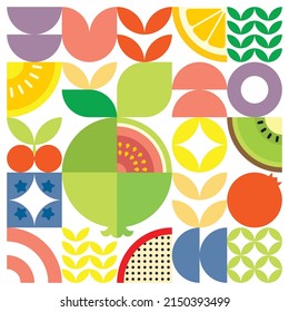 Geometric summer fresh fruit cut artwork poster with colorful simple shapes. Scandinavian style flat abstract vector pattern design. Minimalist illustration of a red guava on a white background.