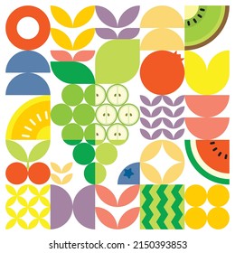 Geometric summer fresh fruit cut artwork poster with colorful simple shapes. Scandinavian style flat abstract vector pattern design. Minimalist illustration of a green grapes on a white background.