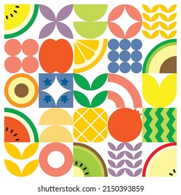 Geometric summer fresh fruit cut artwork poster with colorful simple shapes. Scandinavian styled flat abstract vector pattern design. Minimalist illustration of fruits and leaves on white background.