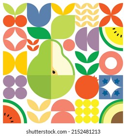 Geometric summer fresh fruit cut artwork poster with colorful simple shapes. Scandinavian style flat abstract vector pattern design. Minimalist illustration of a green pear on a white background.