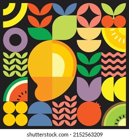 Geometric summer fresh fruit cut artwork poster with colorful simple shapes. Scandinavian style flat abstract vector pattern design. Minimalist illustration of a ripe mango on a black background.