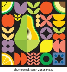 Geometric summer fresh fruit cut artwork poster with colorful simple shapes. Scandinavian style flat abstract vector pattern design. Minimalist illustration of a green papaya on a black background.