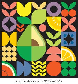 Afiche de arte de corte de fruta fresca de verano geométrico con formas simples y coloridas. Diseño de patrones vectoriales abstractos planos de estilo escandinavo. Ilustración minimalista de un aguacate sobre un fondo negro.